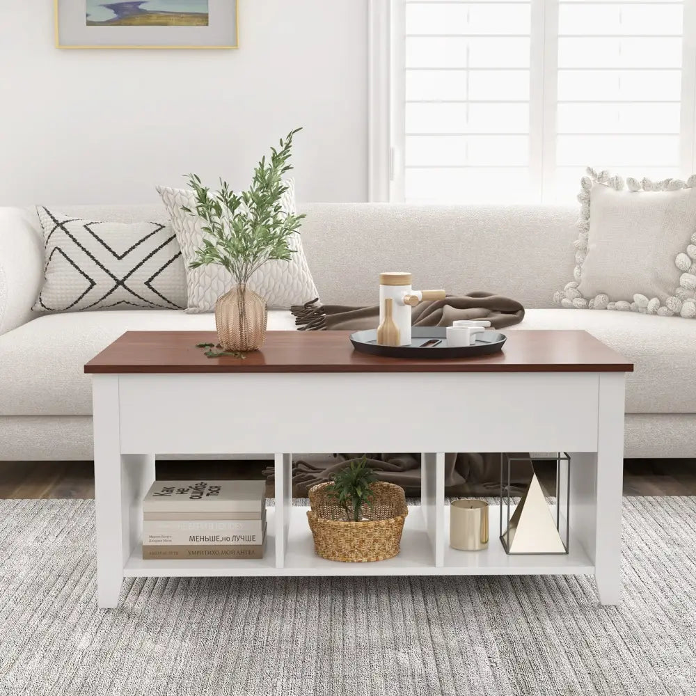 Lift Top Coffee Table w/ Hidden Compartment and Storage Shelves-White - White - Coffee Tables