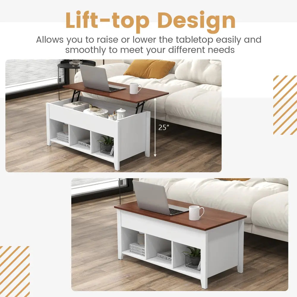 Lift Top Coffee Table w/ Hidden Compartment and Storage Shelves-White - White - Coffee Tables