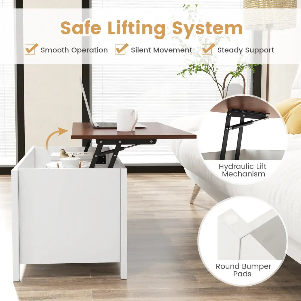 Lift Top Coffee Table w/ Hidden Compartment and Storage Shelves-White - White - Coffee Tables