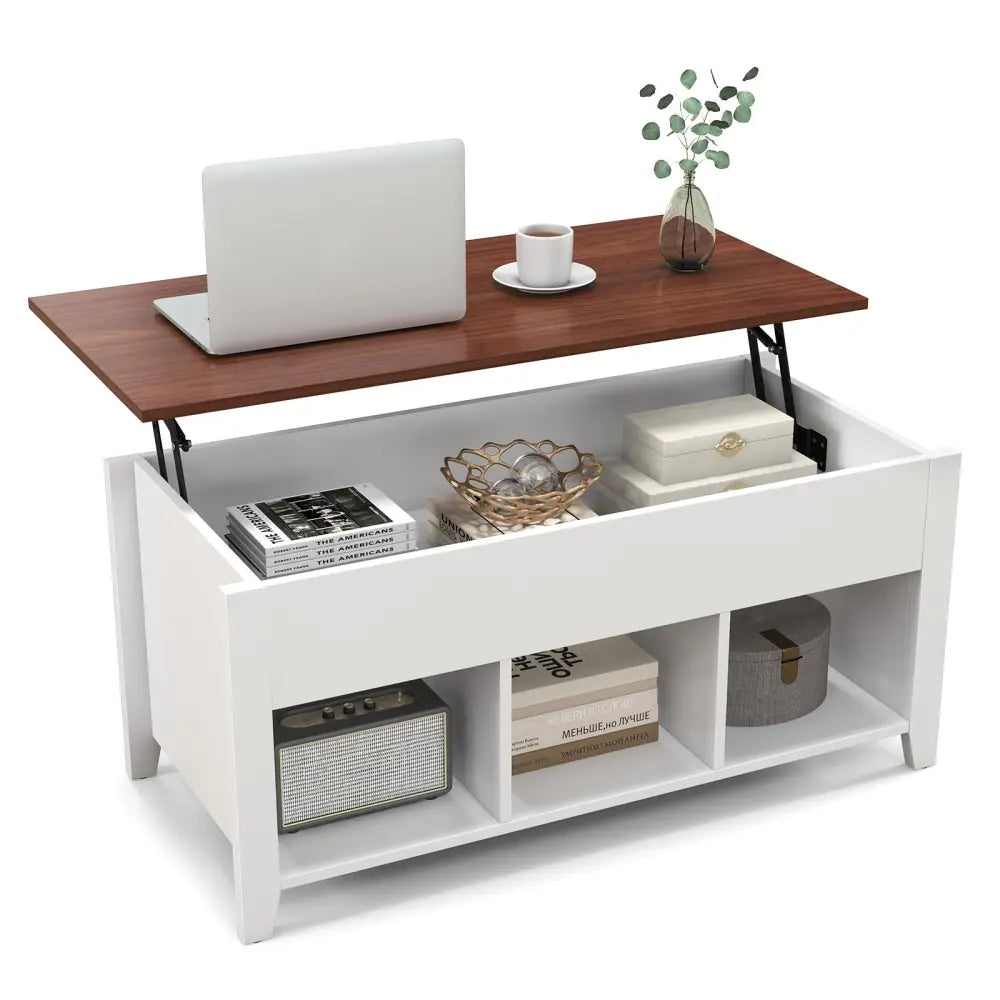 Lift Top Coffee Table w/ Hidden Compartment and Storage Shelves-White - White - Coffee Tables