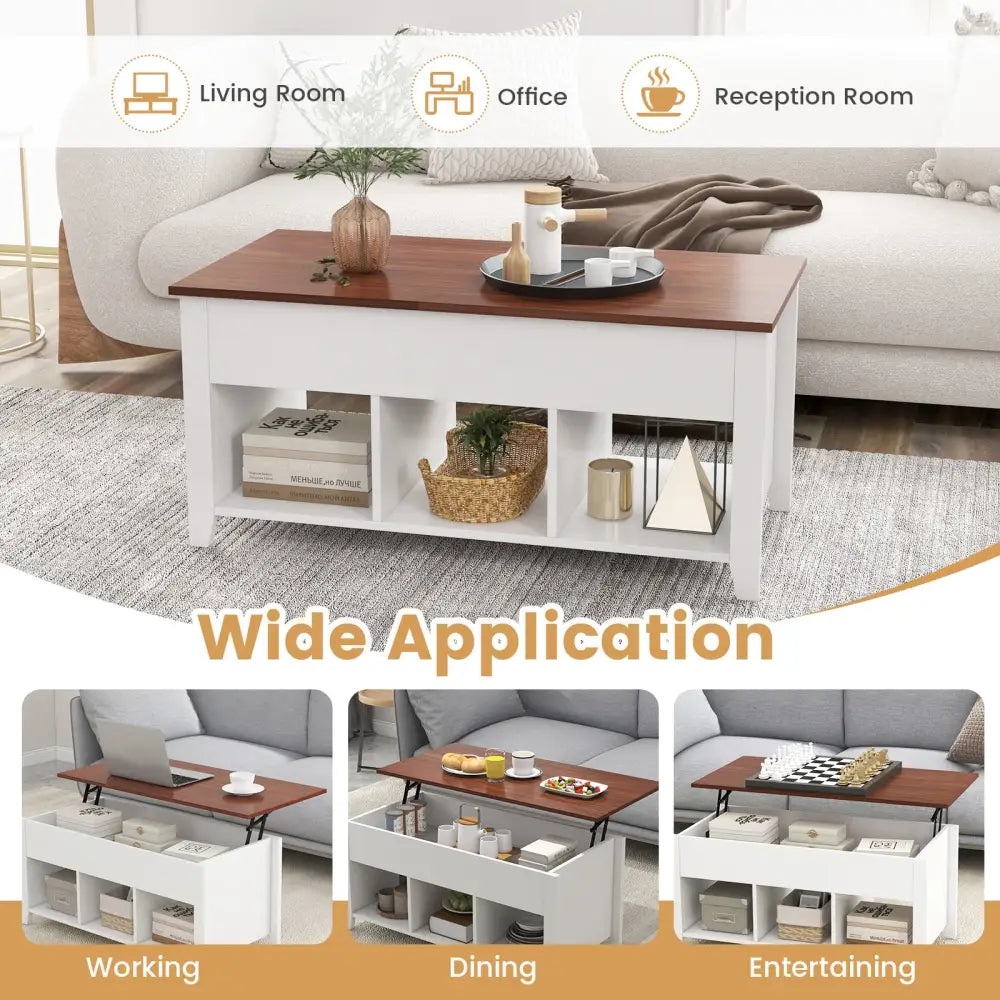 Lift Top Coffee Table w/ Hidden Compartment and Storage Shelves-White - White - Coffee Tables