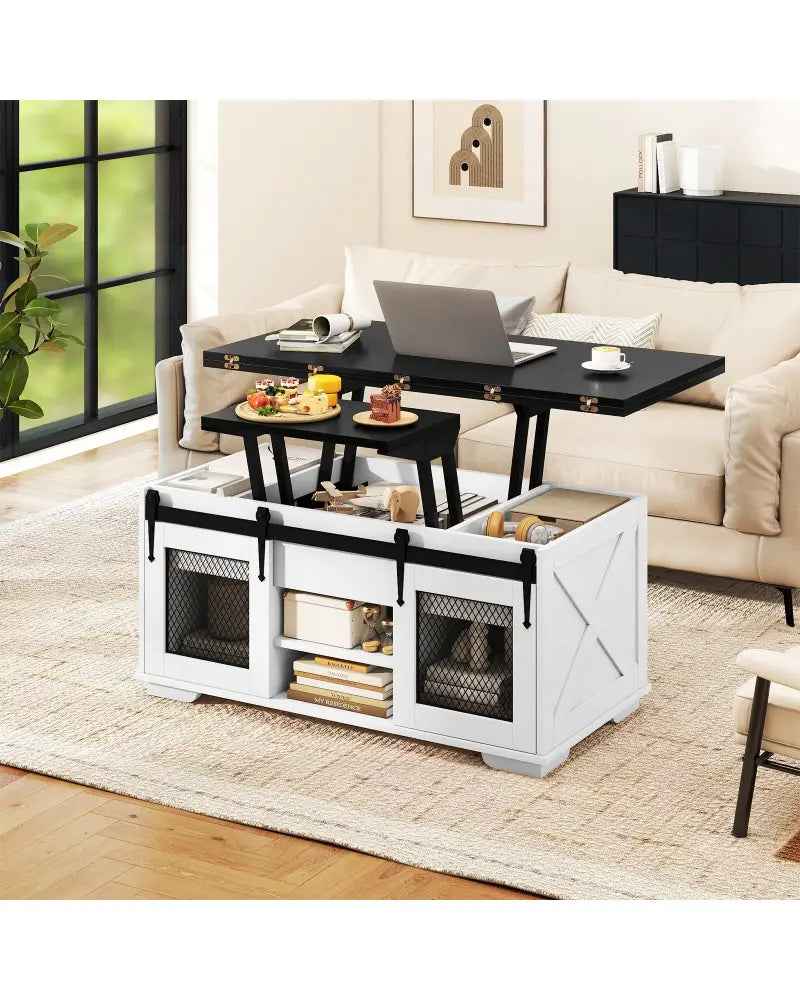 Lift Top Coffee Table with 2 Sliding Barn Doors-Black - Black - Coffee Tables