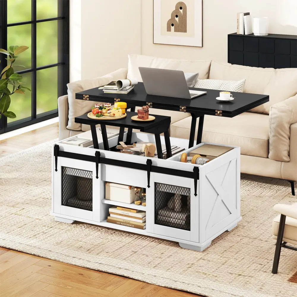 Lift Top Coffee Table with 2 Sliding Barn Doors-Black - Black - Coffee Tables
