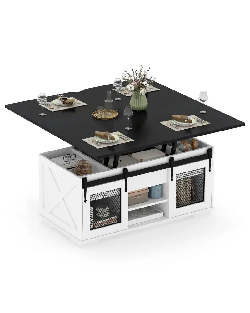 Lift Top Coffee Table with 2 Sliding Barn Doors-Black - Black - Coffee Tables