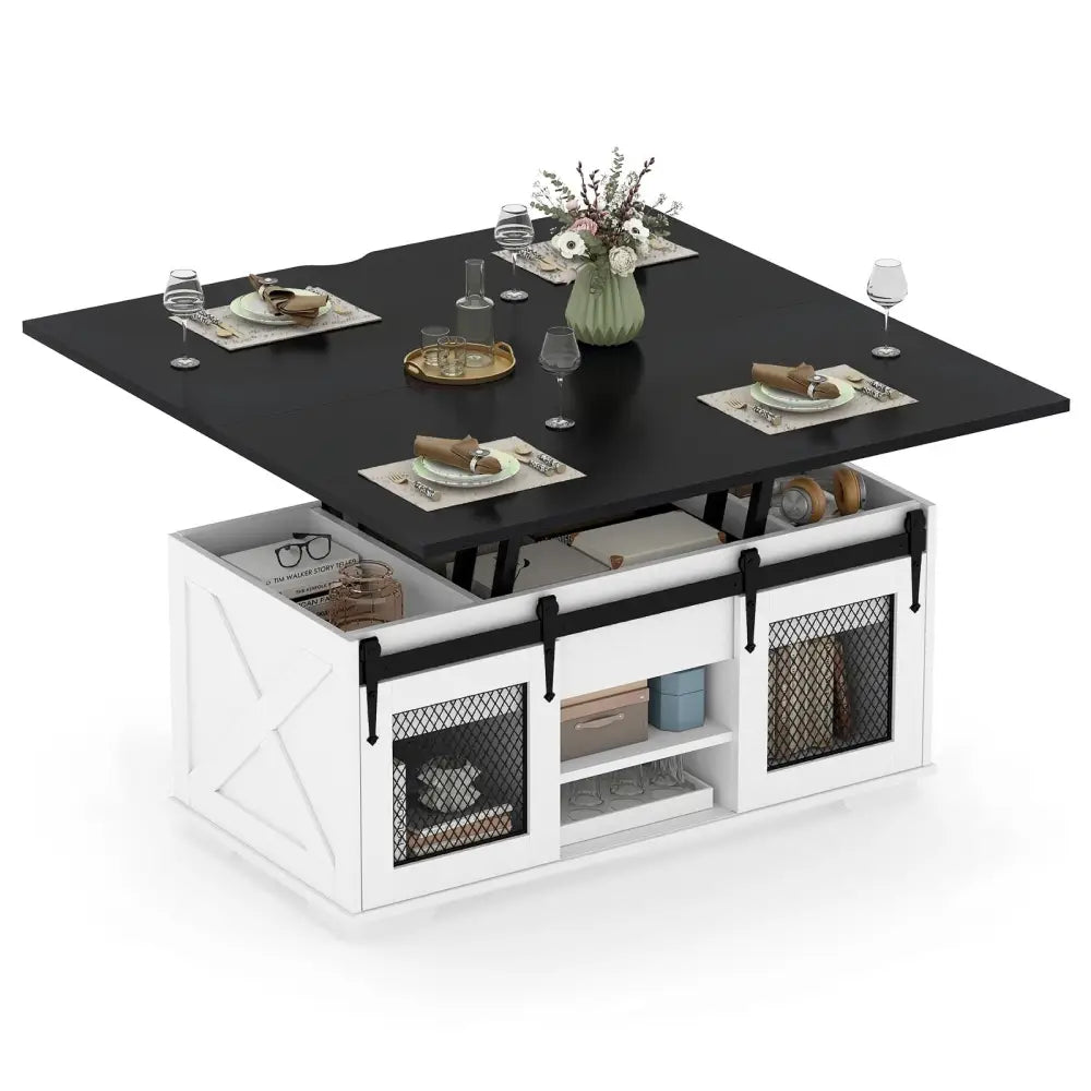 Lift Top Coffee Table with 2 Sliding Barn Doors-Black - Black - Coffee Tables