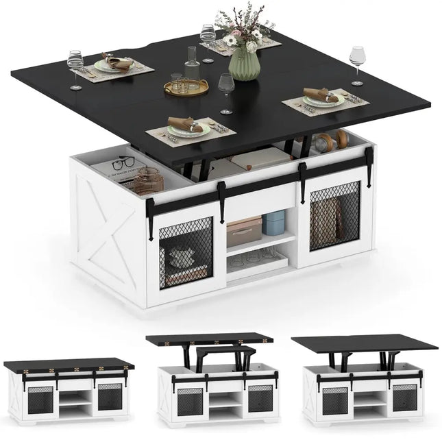 Lift Top Coffee Table with 2 Sliding Barn Doors-Black - Black - Coffee Tables