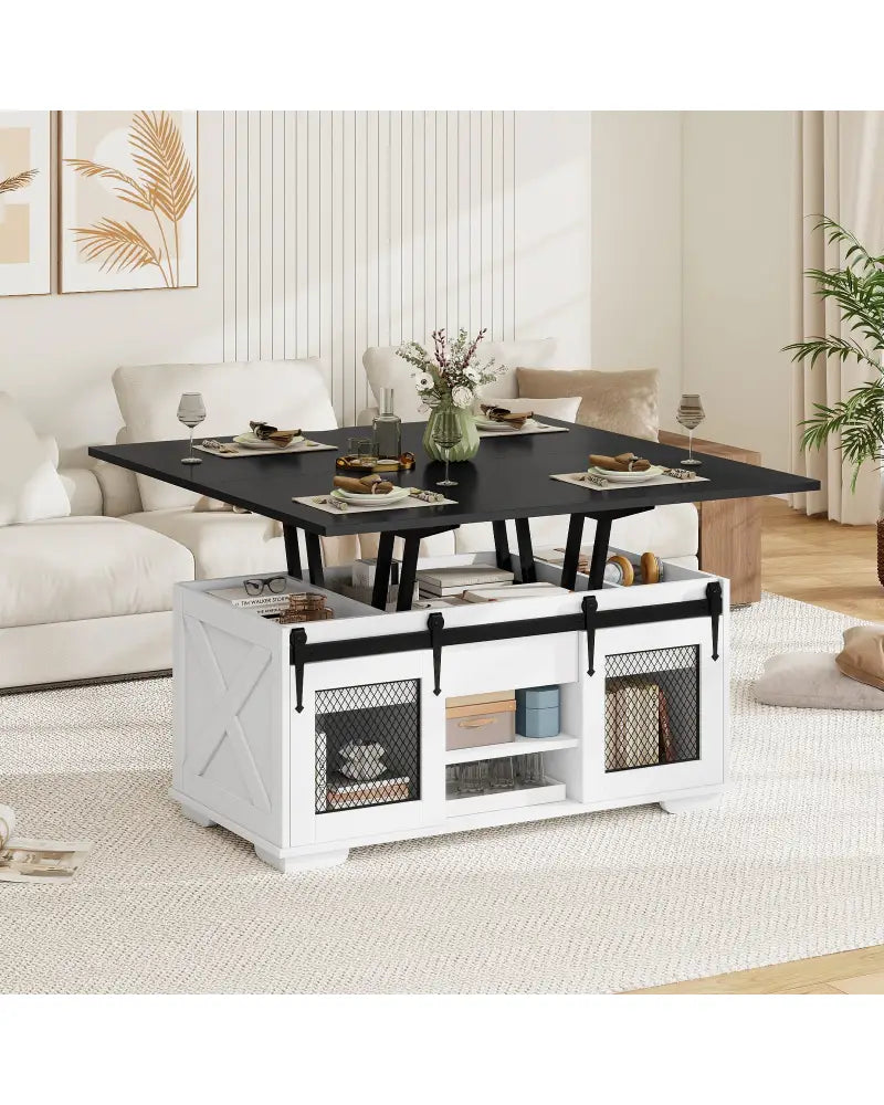 Lift Top Coffee Table with 2 Sliding Barn Doors-Black - Black - Coffee Tables