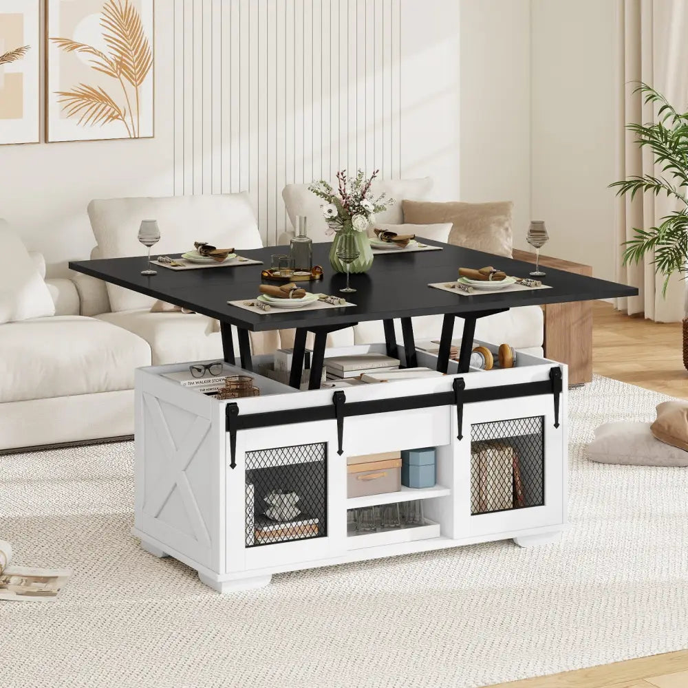 Lift Top Coffee Table with 2 Sliding Barn Doors-Black - Black - Coffee Tables