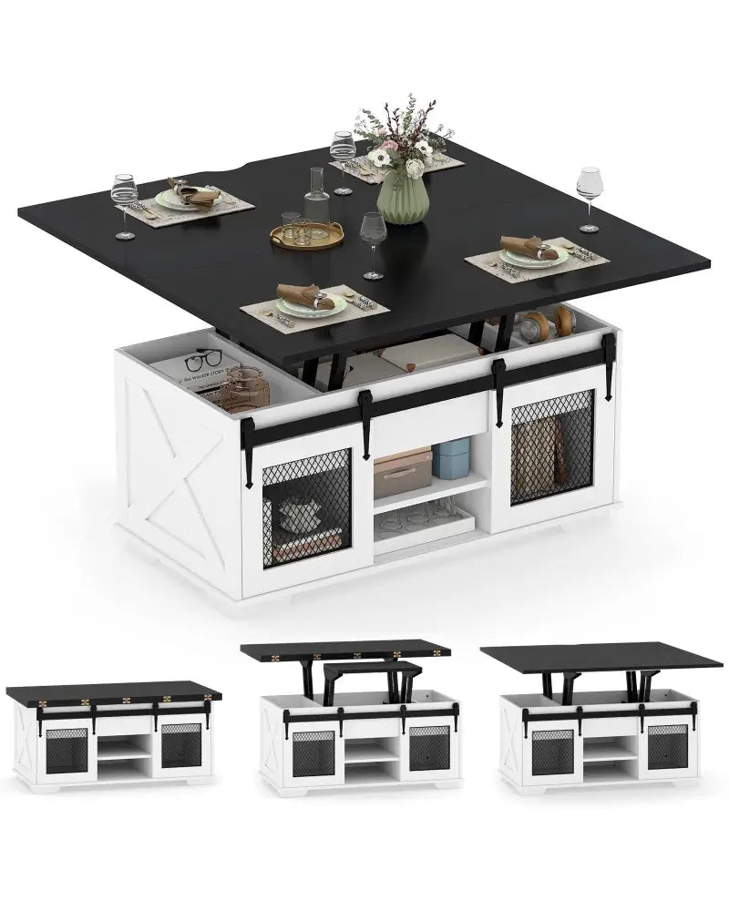 Lift Top Coffee Table with 2 Sliding Barn Doors-Black - Black - Coffee Tables