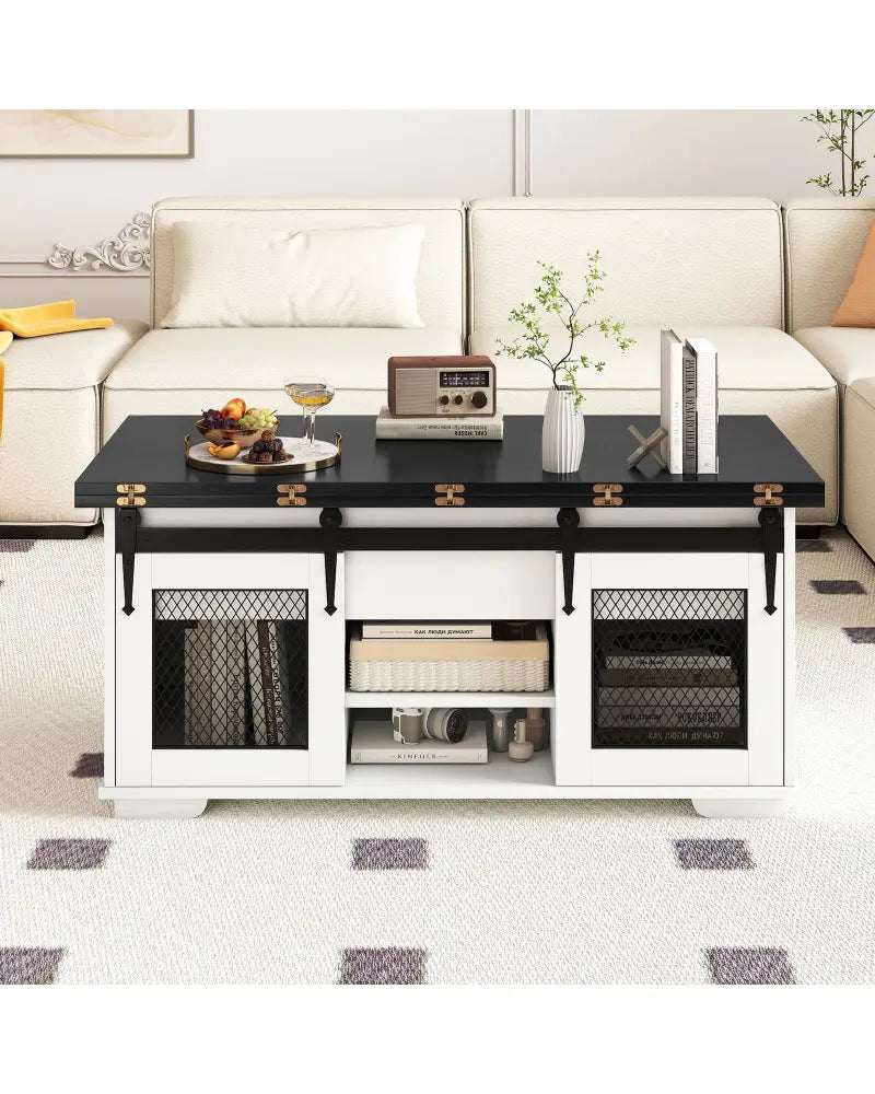 Lift Top Coffee Table with 2 Sliding Barn Doors-Black - Black - Coffee Tables
