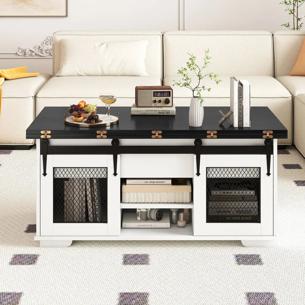 Lift Top Coffee Table with 2 Sliding Barn Doors-Black - Black - Coffee Tables