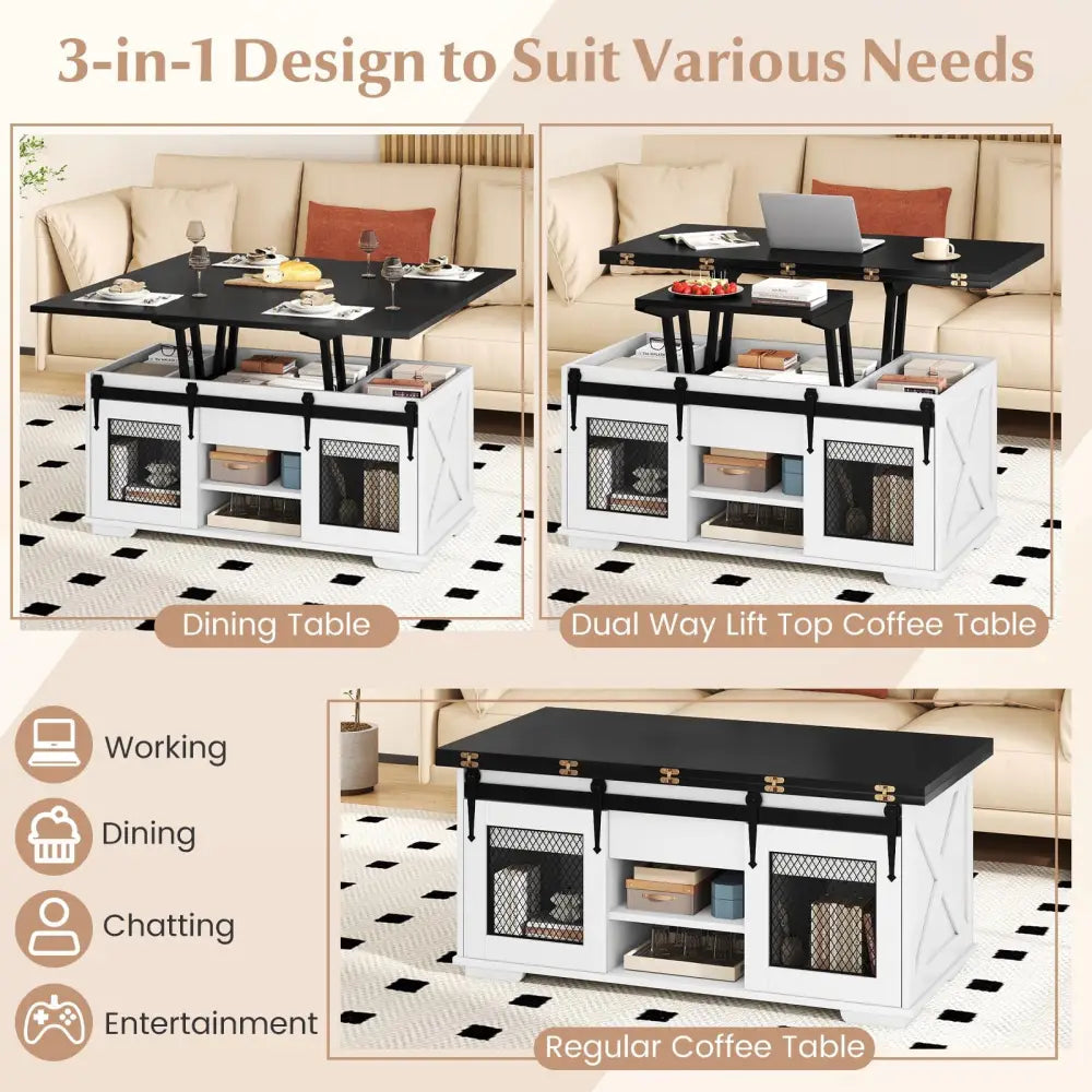 Lift Top Coffee Table with 2 Sliding Barn Doors-Black - Black - Coffee Tables