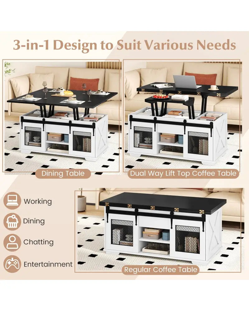 Lift Top Coffee Table with 2 Sliding Barn Doors-Black - Black - Coffee Tables