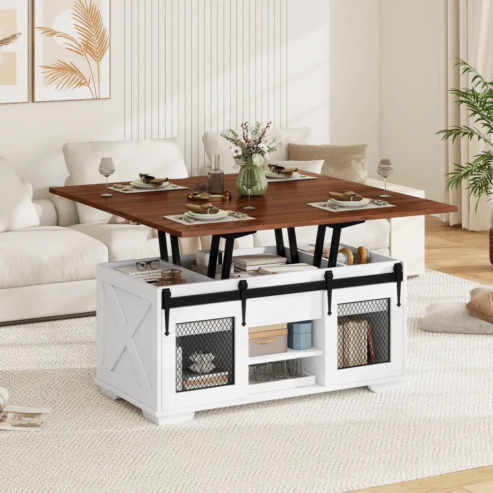 Lift Top Coffee Table with 2 Sliding Barn Doors-Walnut - Walnut - Coffee Tables