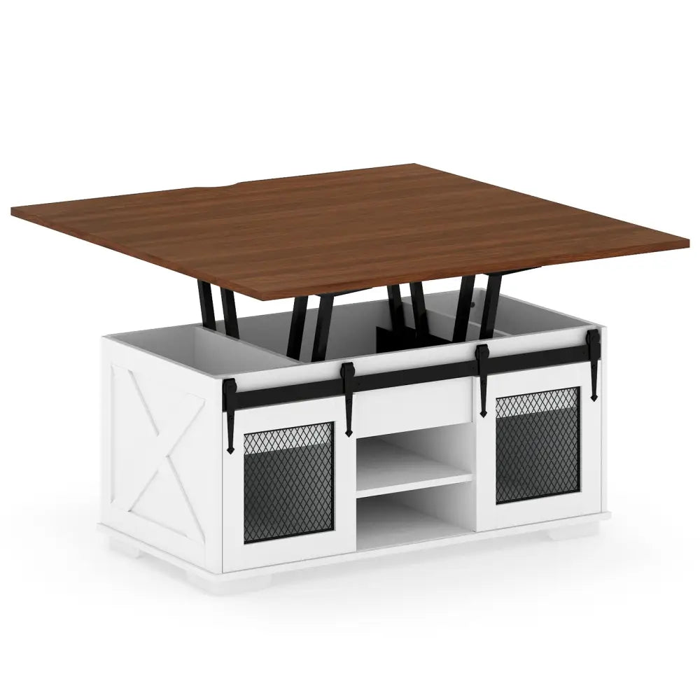 Lift Top Coffee Table with 2 Sliding Barn Doors-Walnut - Walnut - Coffee Tables