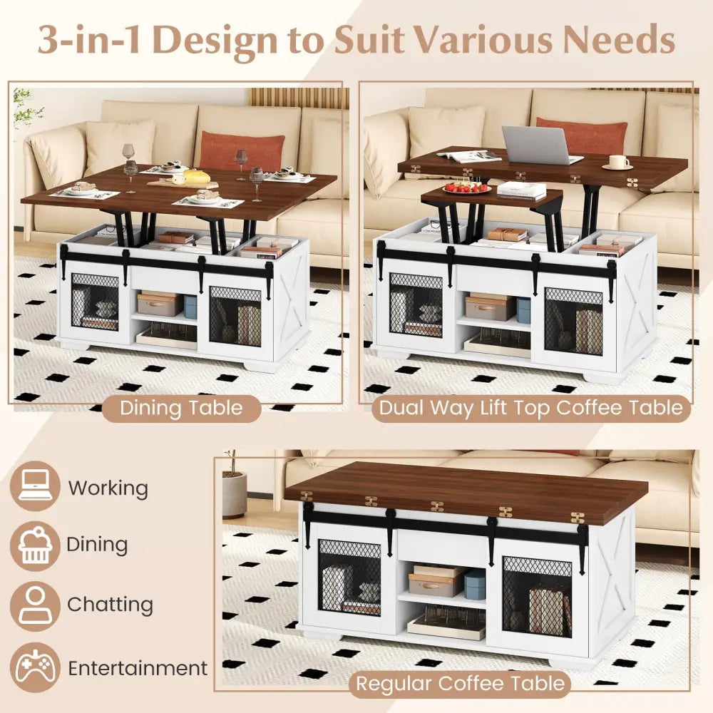 Lift Top Coffee Table with 2 Sliding Barn Doors-Walnut - Walnut - Coffee Tables