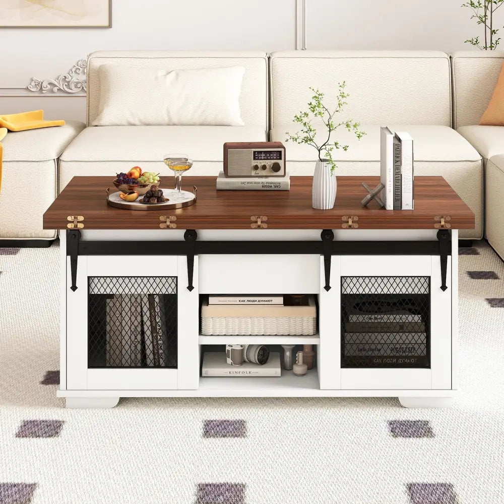 Lift Top Coffee Table with 2 Sliding Barn Doors-Walnut - Walnut - Coffee Tables
