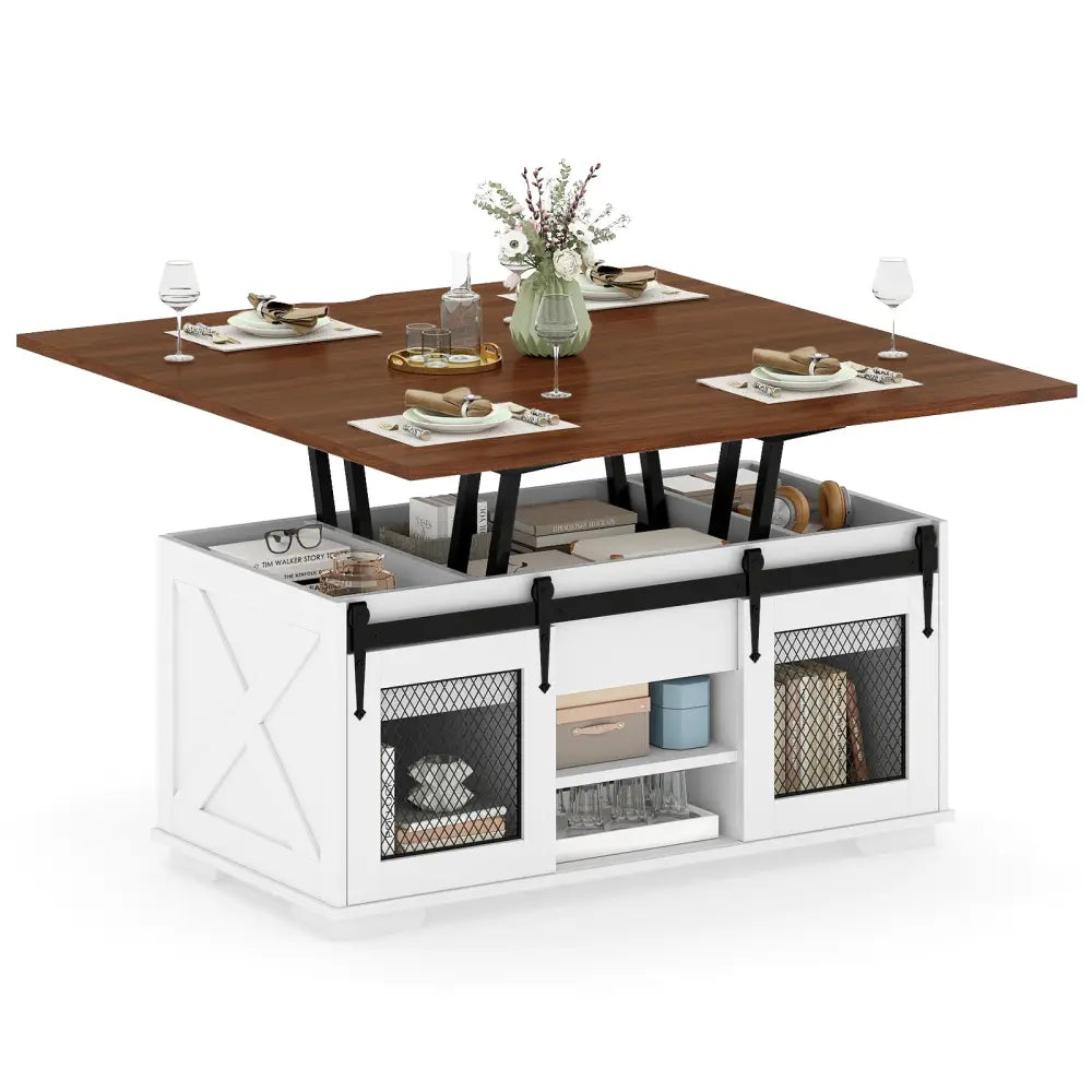 Lift Top Coffee Table with 2 Sliding Barn Doors-Walnut - Walnut - Coffee Tables