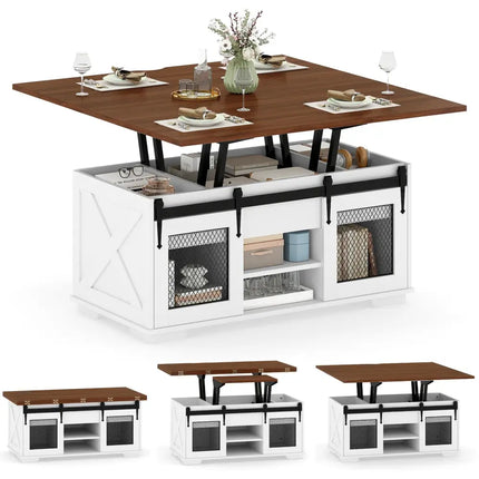 Lift Top Coffee Table with 2 Sliding Barn Doors-Walnut - Walnut - Coffee Tables