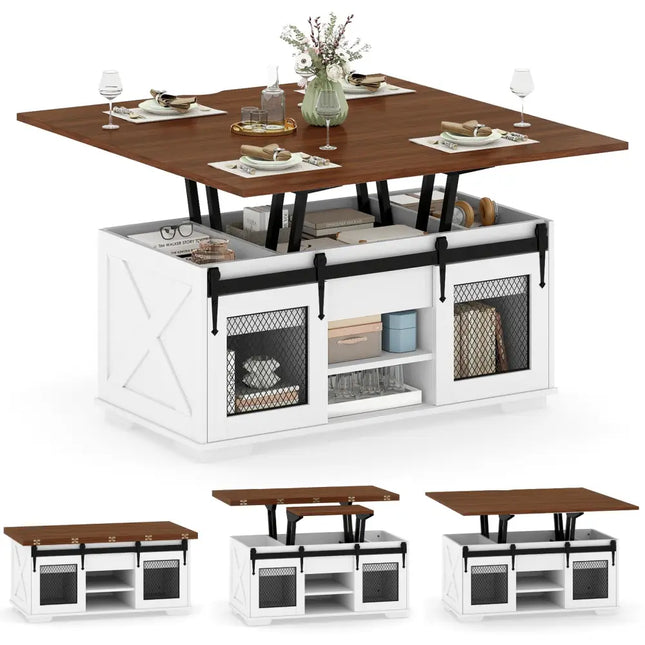 Lift Top Coffee Table with 2 Sliding Barn Doors-Walnut - Walnut - Coffee Tables