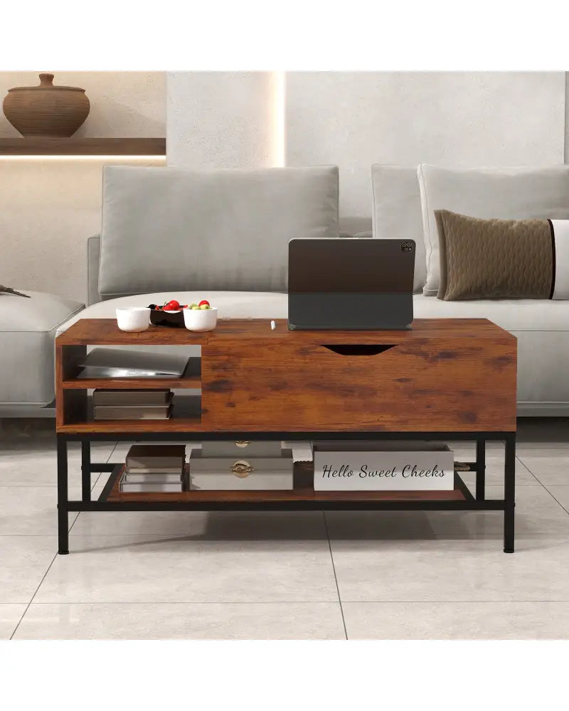Lift Top Coffee Table with Hidden Compartment and Removable Storage Shelf-Rustic Brown - Rustic Brown - Coffee Tables