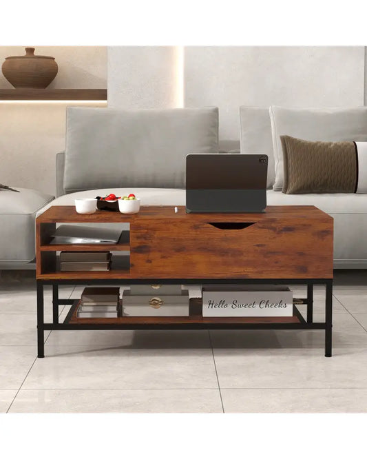 Lift Top Coffee Table with Hidden Compartment and Removable Storage Shelf-Rustic Brown - Rustic Brown - Coffee Tables