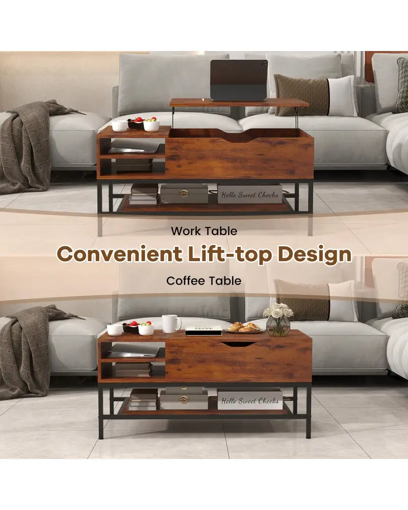 Lift Top Coffee Table with Hidden Compartment and Removable Storage Shelf-Rustic Brown - Rustic Brown - Coffee Tables