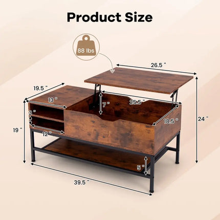 Lift Top Coffee Table with Hidden Compartment and Removable Storage Shelf-Rustic Brown - Rustic Brown - Coffee Tables