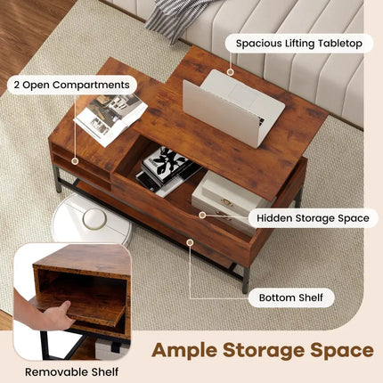 Lift Top Coffee Table with Hidden Compartment and Removable Storage Shelf-Rustic Brown - Rustic Brown - Coffee Tables