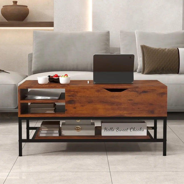 Lift Top Coffee Table with Hidden Compartment and Removable Storage Shelf-Rustic Brown - Rustic Brown - Coffee Tables