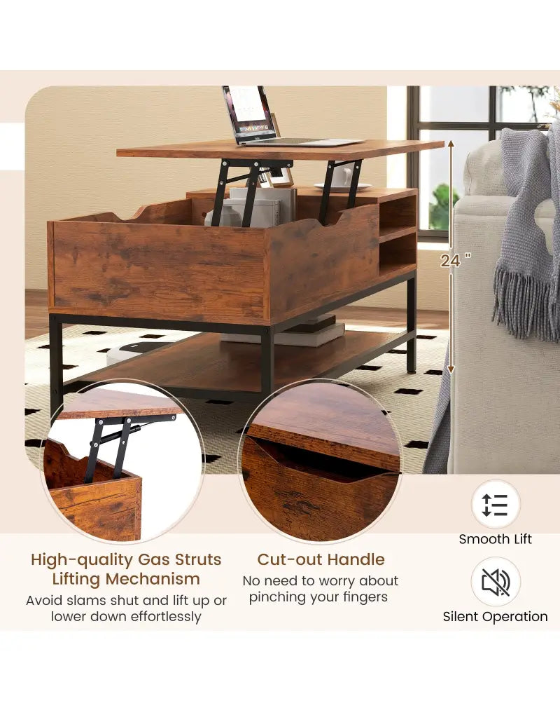 Lift Top Coffee Table with Hidden Compartment and Removable Storage Shelf-Rustic Brown - Rustic Brown - Coffee Tables