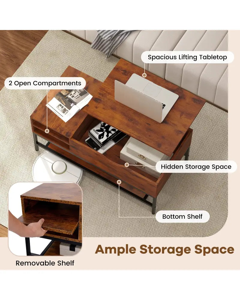 Lift Top Coffee Table with Hidden Compartment and Removable Storage Shelf-Rustic Brown - Rustic Brown - Coffee Tables