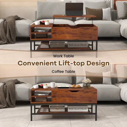 Lift Top Coffee Table with Hidden Compartment and Removable Storage Shelf-Rustic Brown - Rustic Brown - Coffee Tables