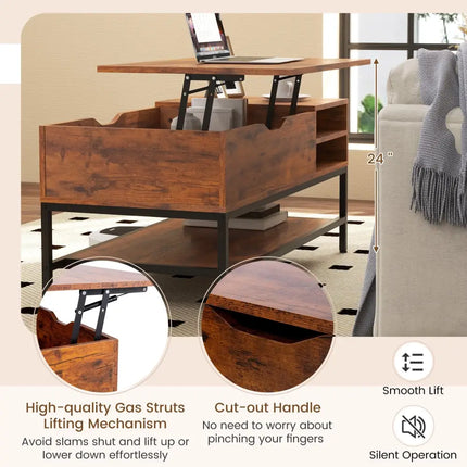 Lift Top Coffee Table with Hidden Compartment and Removable Storage Shelf-Rustic Brown - Rustic Brown - Coffee Tables
