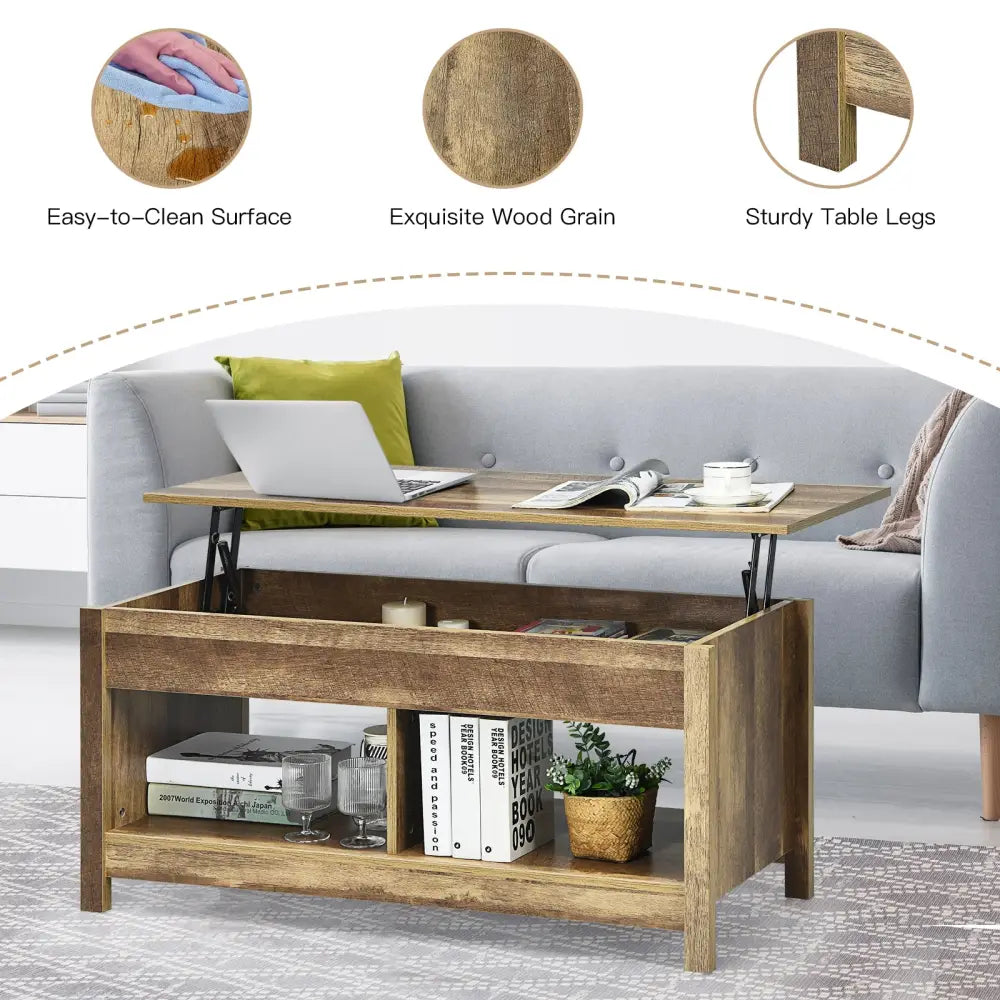 Lift Top Coffee Table with Hidden Storage Compartment and Lower Shelf for Study Room-Natural - Natural - Coffee Tables