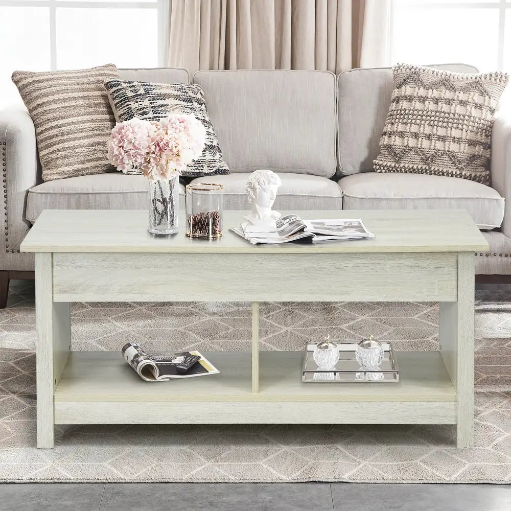 Lift Top Coffee Table with Hidden Storage Compartment and Lower Shelf for Study Room-White - White - Coffee Tables