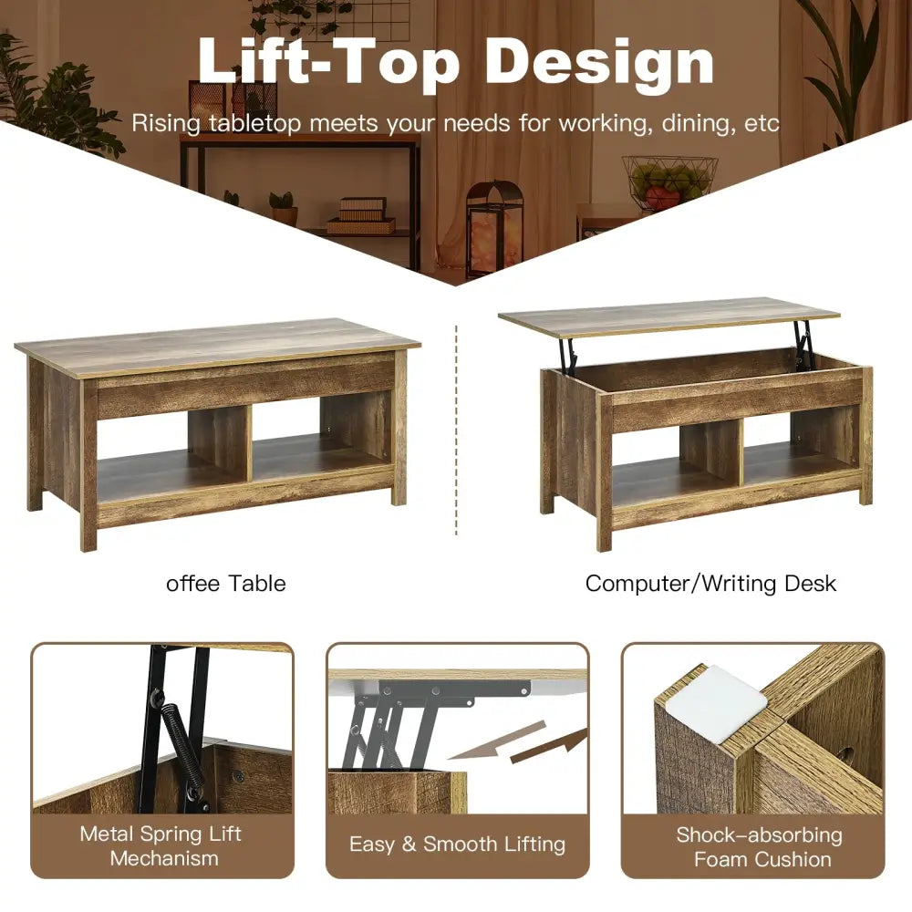 Lift Top Coffee Table with Hidden Storage Compartment and Lower Shelf for Study Room-Natural - Natural - Coffee Tables