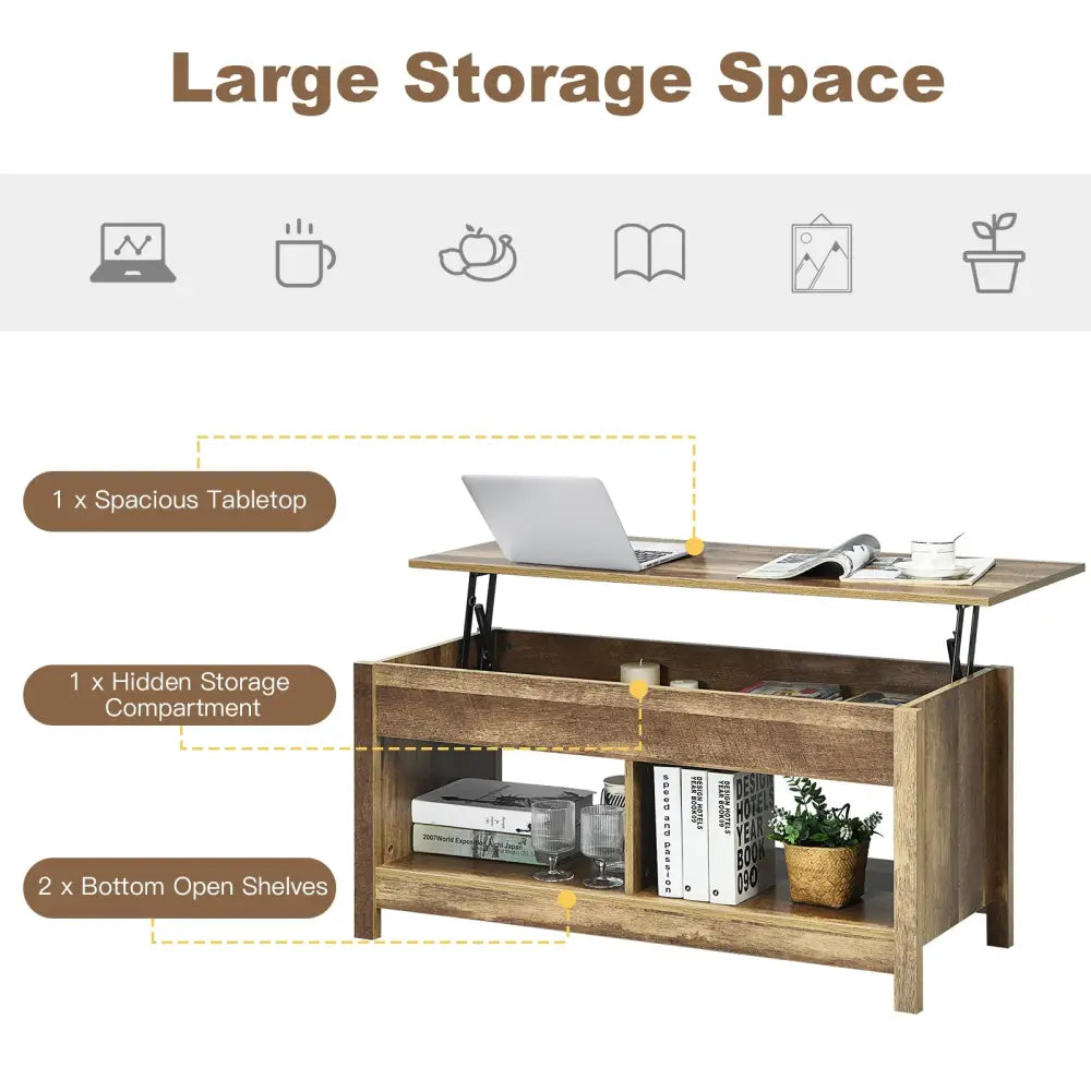 Lift Top Coffee Table with Hidden Storage Compartment and Lower Shelf for Study Room-Natural - Natural - Coffee Tables