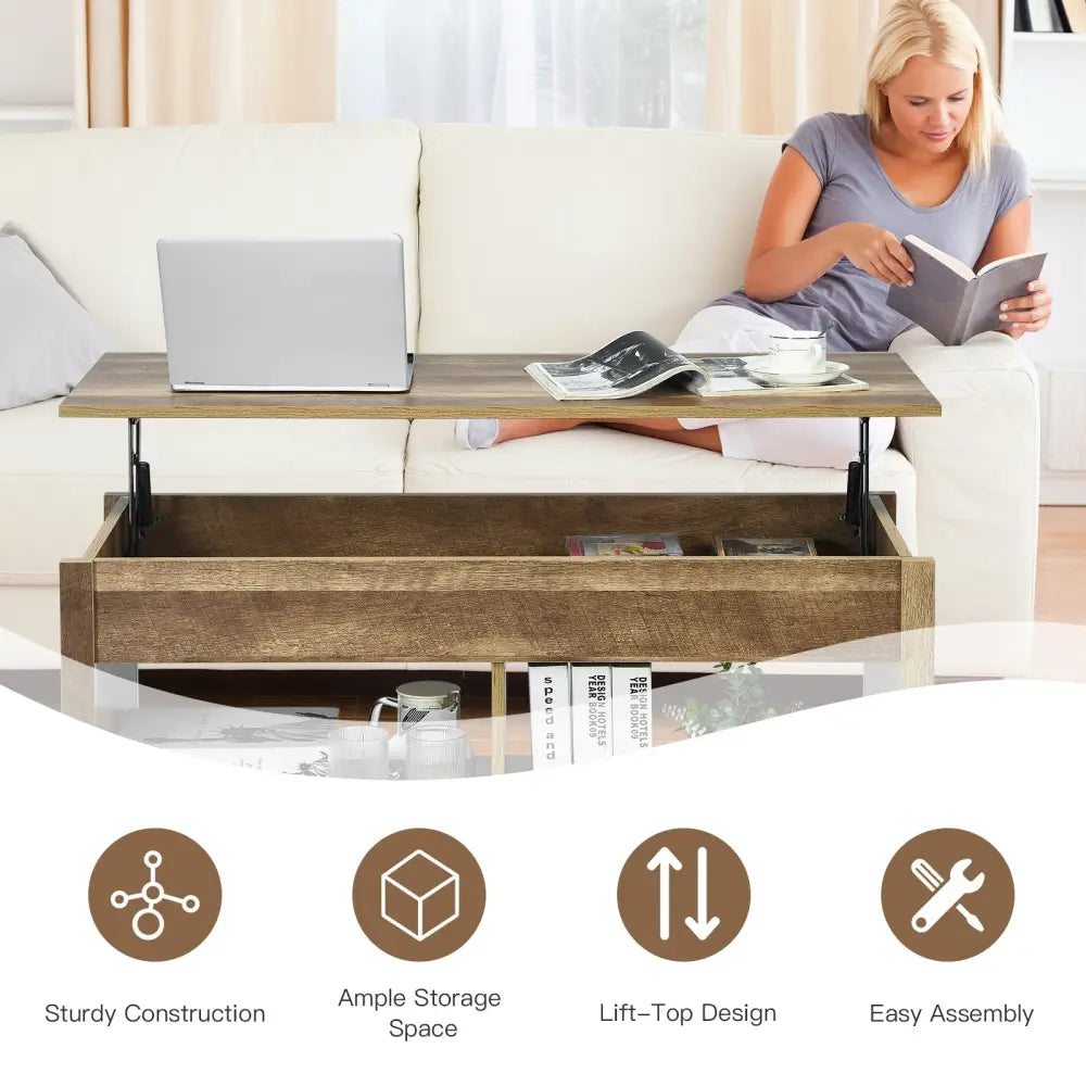 Lift Top Coffee Table with Hidden Storage Compartment and Lower Shelf for Study Room-Natural - Natural - Coffee Tables