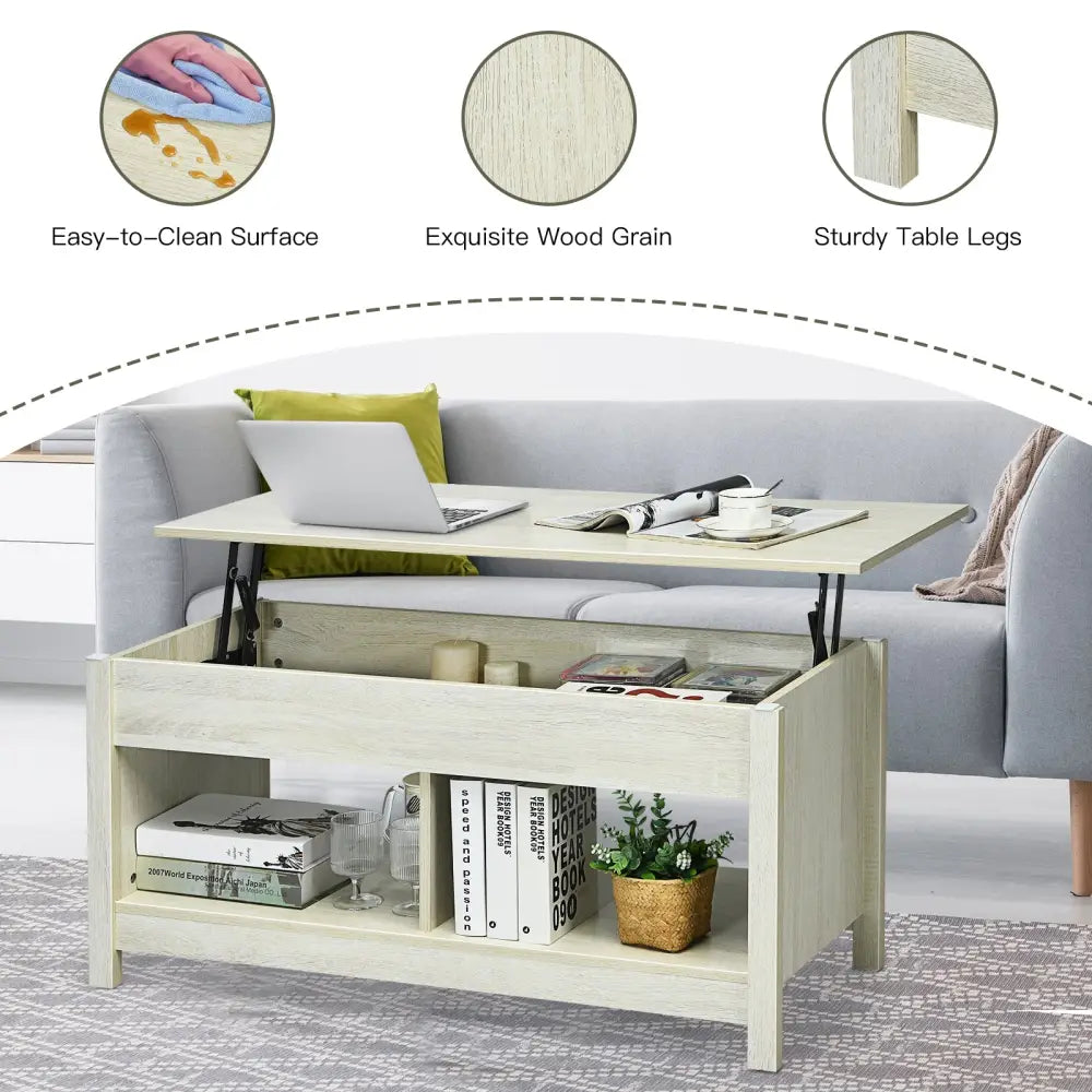 Lift Top Coffee Table with Hidden Storage Compartment and Lower Shelf for Study Room-White - White - Coffee Tables