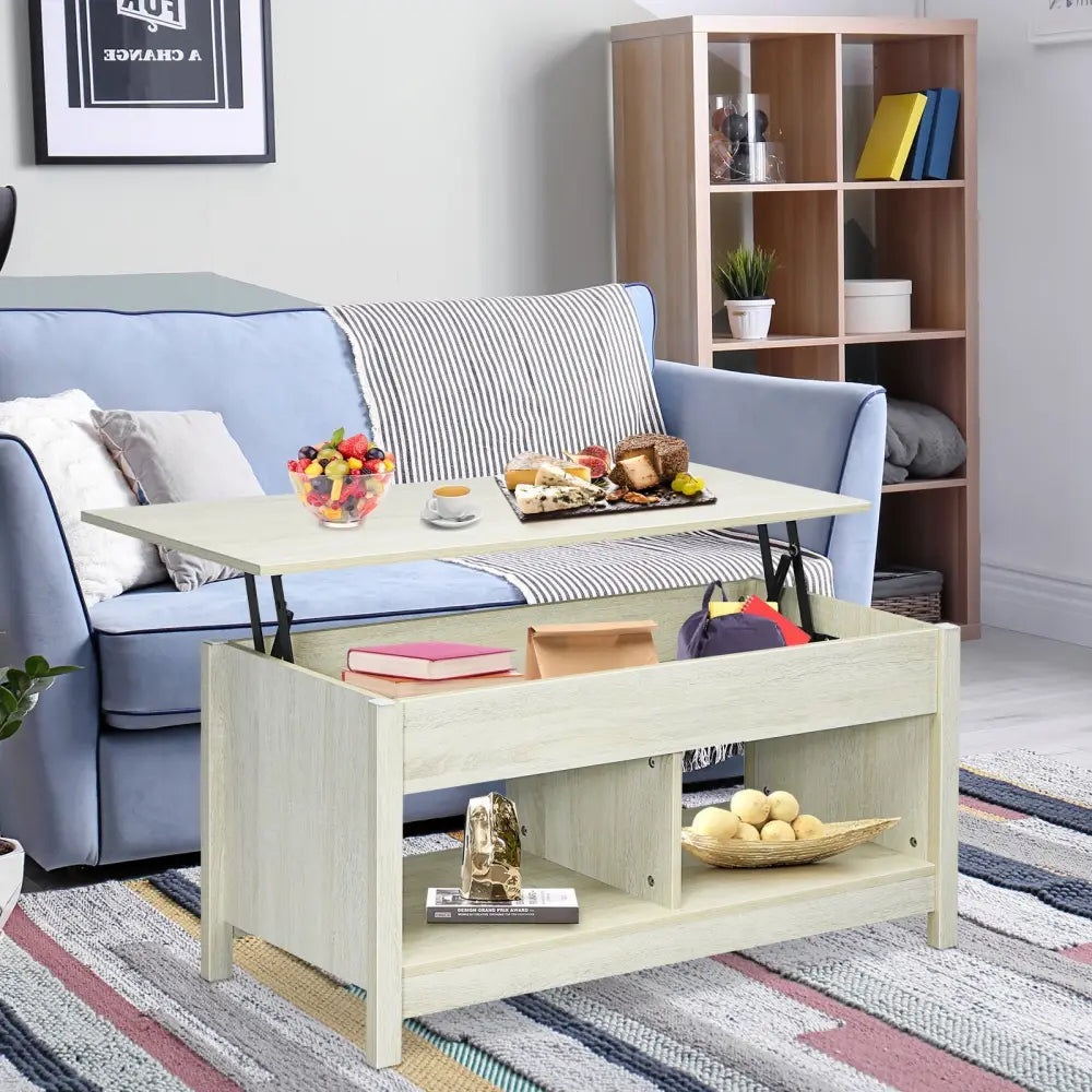 Lift Top Coffee Table with Hidden Storage Compartment and Lower Shelf for Study Room-White - White - Coffee Tables