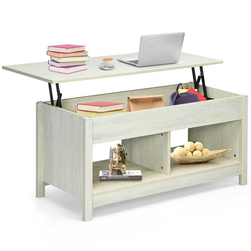 Lift Top Coffee Table with Hidden Storage Compartment and Lower Shelf for Study Room-White - White - Coffee Tables