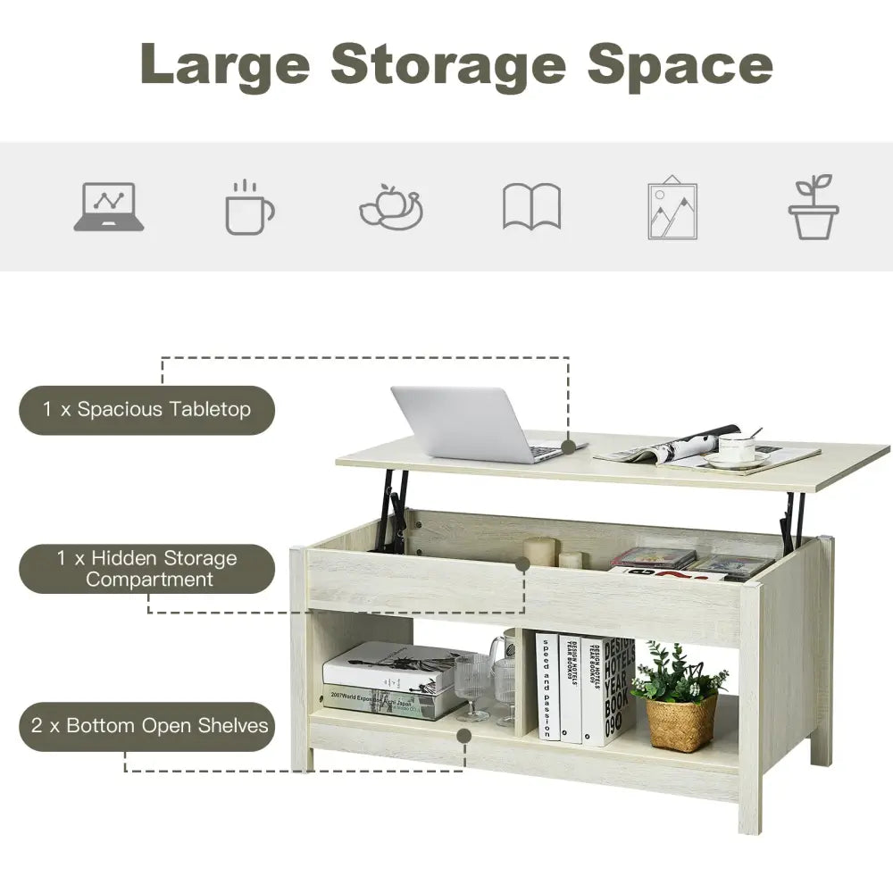 Lift Top Coffee Table with Hidden Storage Compartment and Lower Shelf for Study Room-White - White - Coffee Tables