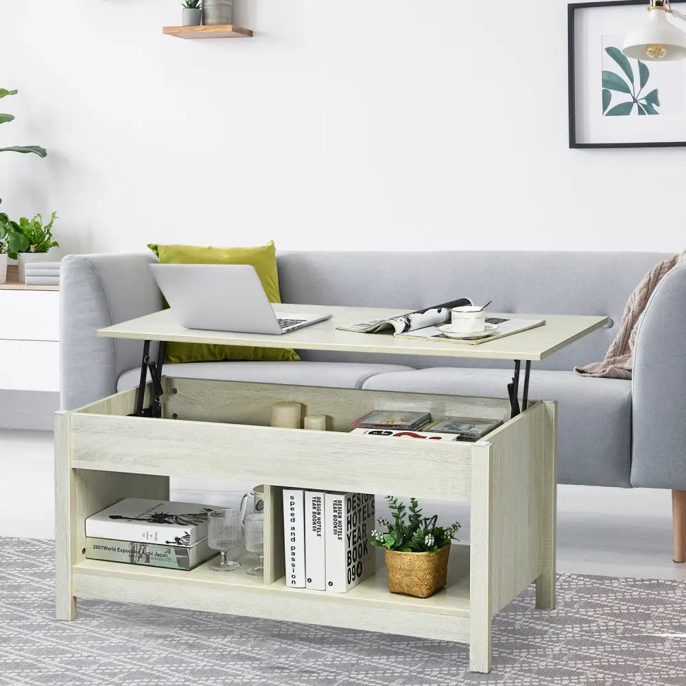 Lift Top Coffee Table with Hidden Storage Compartment and Lower Shelf for Study Room-White - White - Coffee Tables