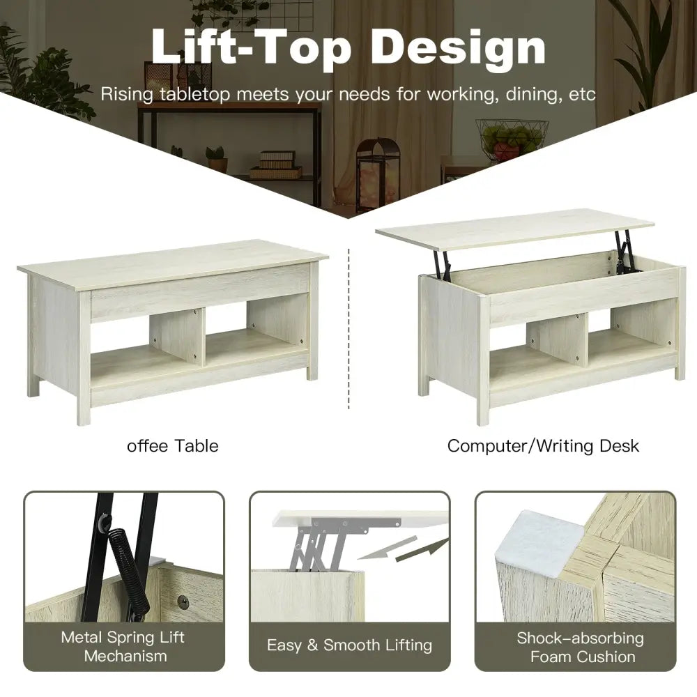 Lift Top Coffee Table with Hidden Storage Compartment and Lower Shelf for Study Room-White - White - Coffee Tables