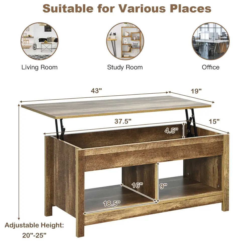 Lift Top Coffee Table with Hidden Storage Compartment and Lower Shelf for Study Room-Natural - Natural - Coffee Tables