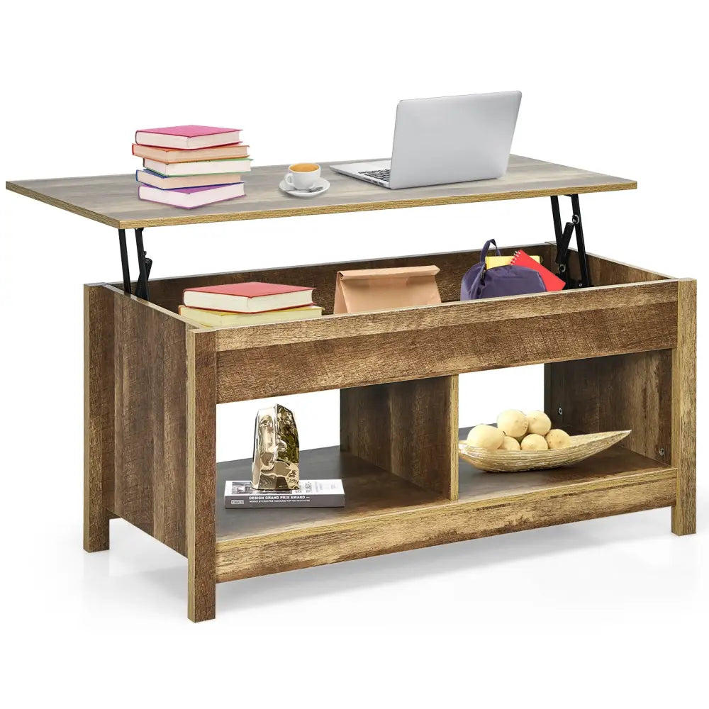 Lift Top Coffee Table with Hidden Storage Compartment and Lower Shelf for Study Room-Natural - Natural - Coffee Tables