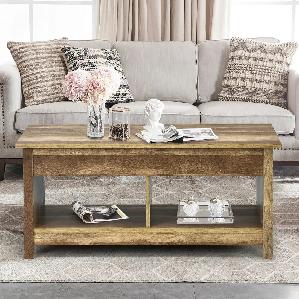 Lift Top Coffee Table with Hidden Storage Compartment and Lower Shelf for Study Room-Natural - Natural - Coffee Tables