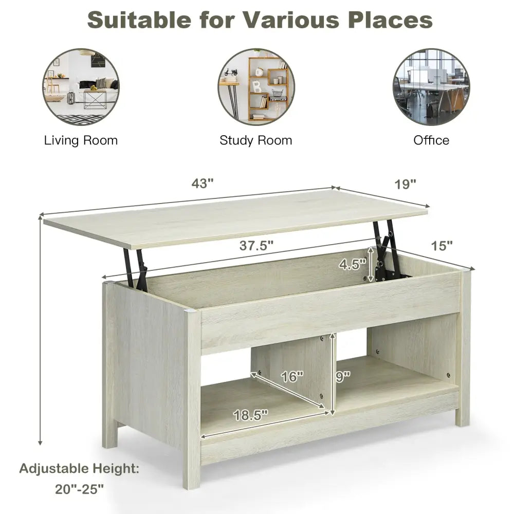 Lift Top Coffee Table with Hidden Storage Compartment and Lower Shelf for Study Room-White - White - Coffee Tables