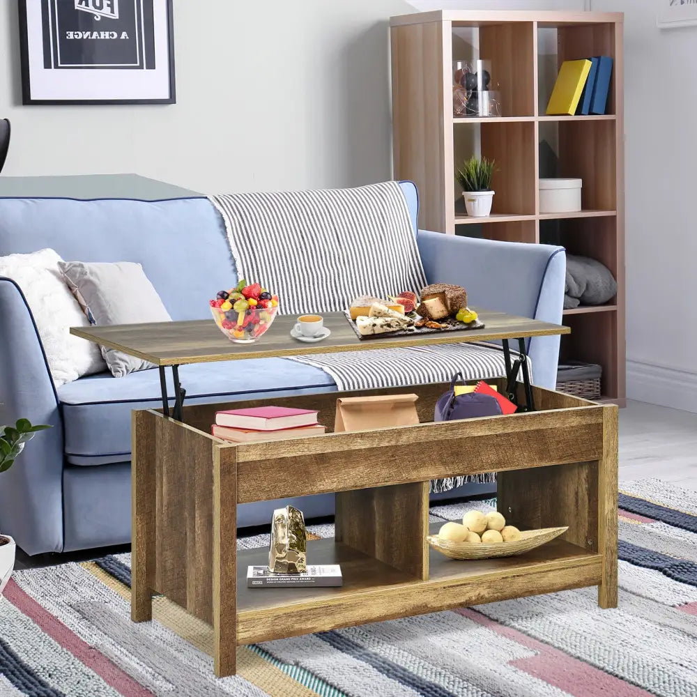 Lift Top Coffee Table with Hidden Storage Compartment and Lower Shelf for Study Room-Natural - Natural - Coffee Tables